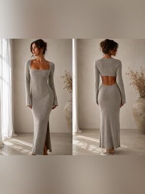 Oh Polly Signe Marl Grey Knit Open Back Bodycon Maxi Dress Size M
